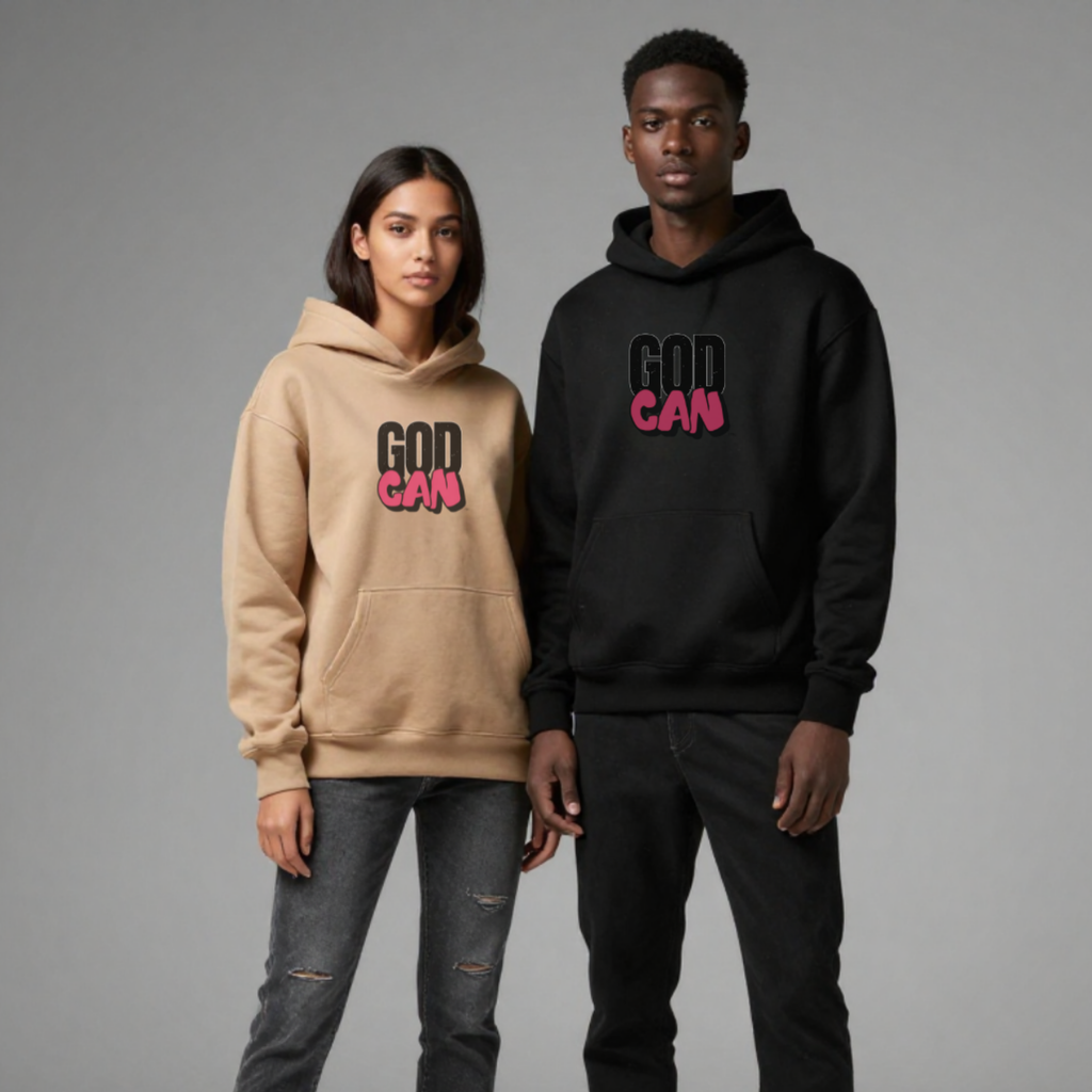 Two people wearing hoodies with 'GOD CAN' text on a gray background