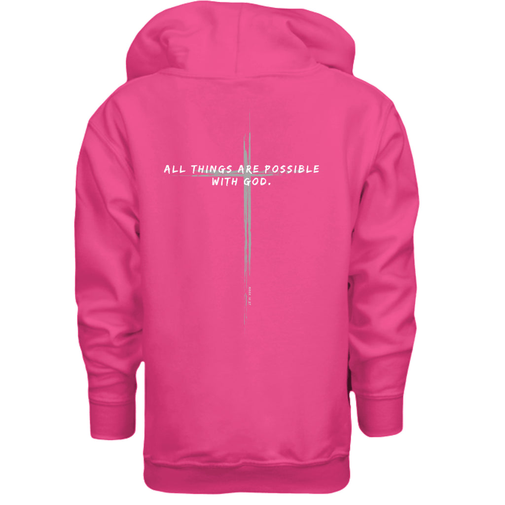Signature GodCan Youth Hoodie pink  - 'All things are possible with God' text with cross on BACK