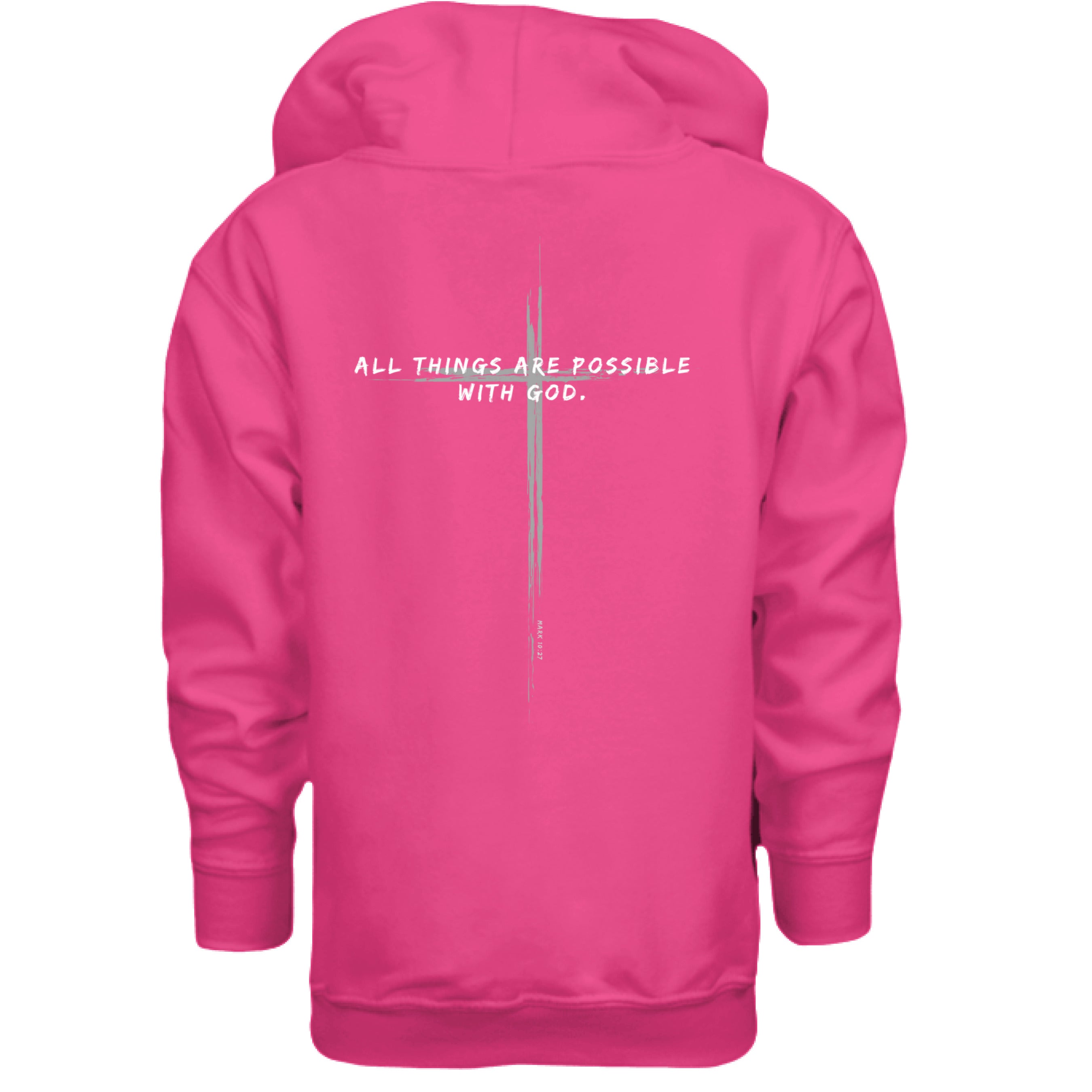 Signature GodCan Youth Hoodie pink  - 'All things are possible with God' text with cross on BACK