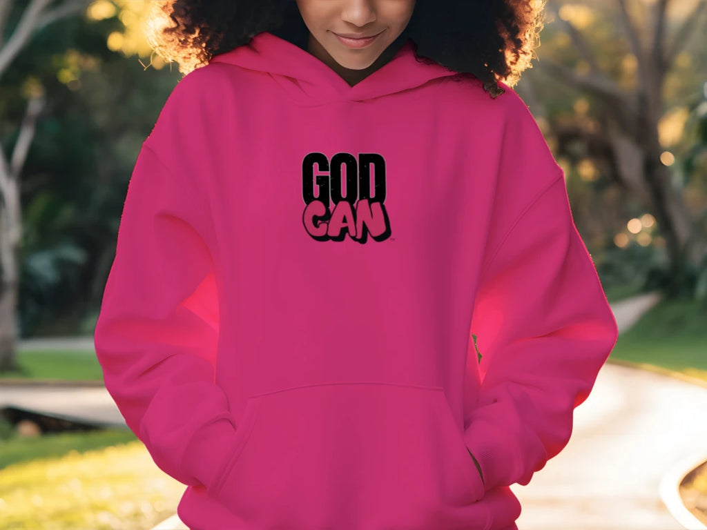 picture of girl wearing the pink Signature GodCan Youth Hoodie - FRONT