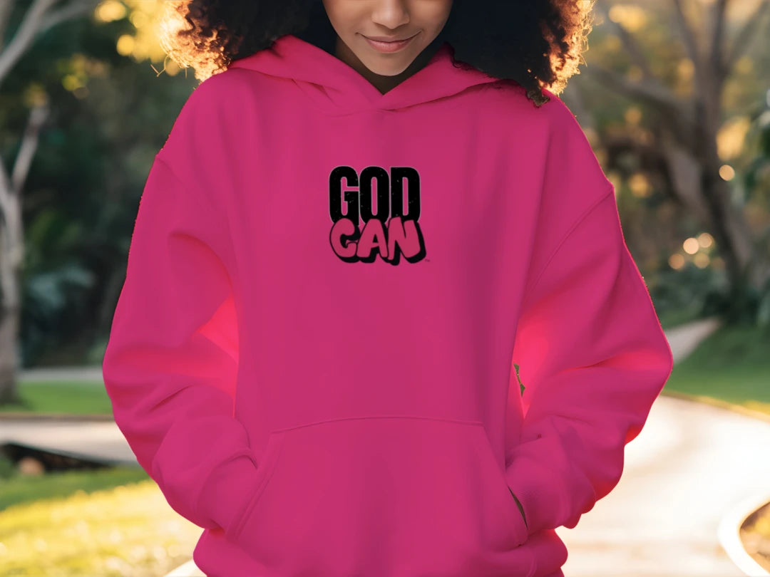 picture of girl wearing the pink Signature GodCan Youth Hoodie - FRONT