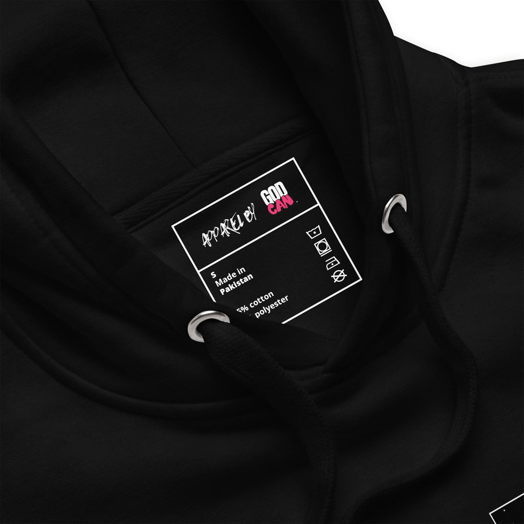 Black hoodie with a brand Apparel by God Can on inside label