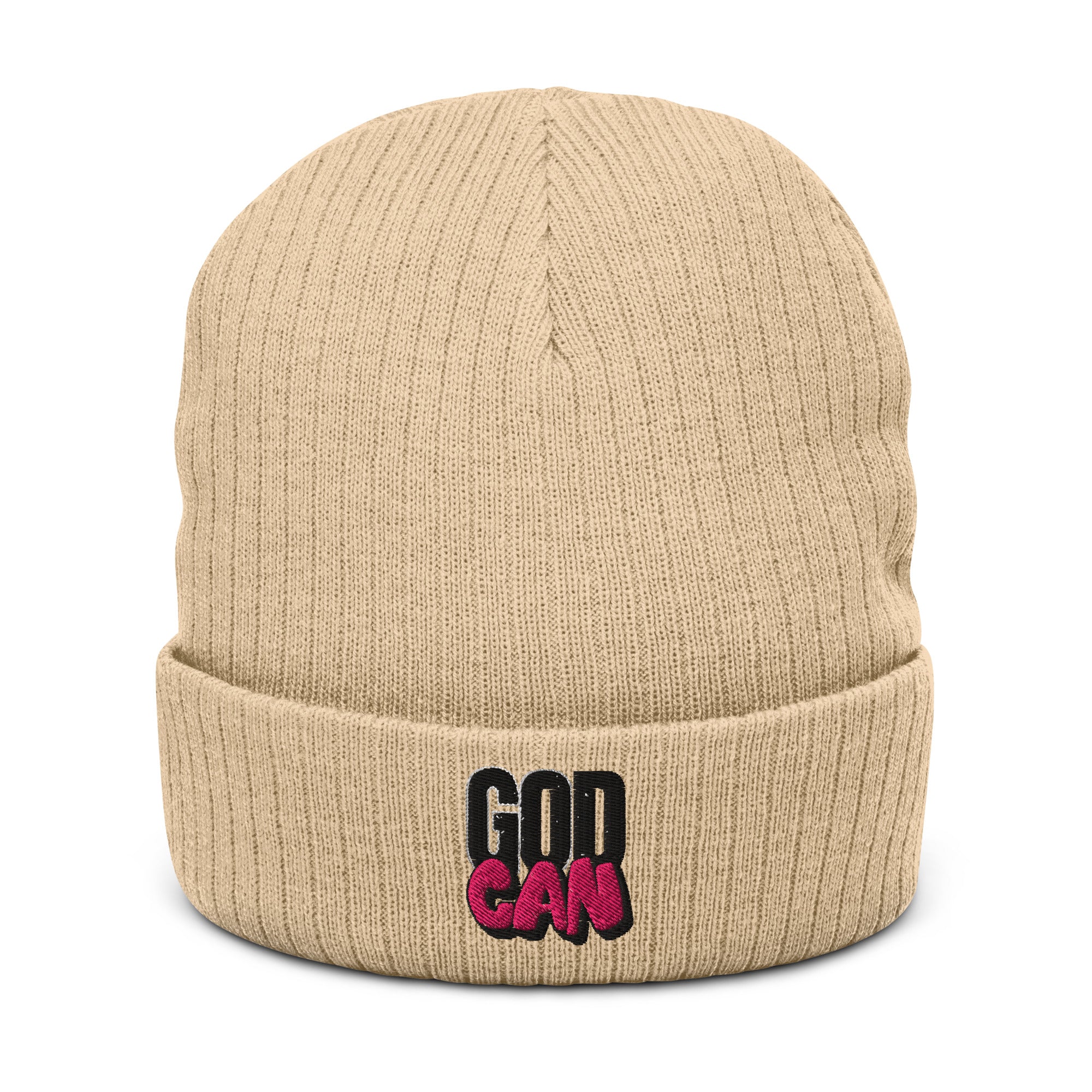 Beige beanie with 'GOD CAN' text on a white background