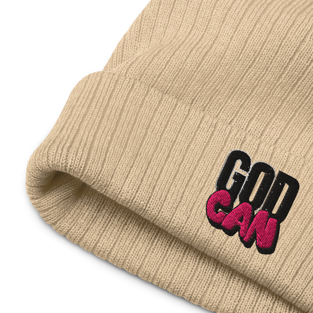 Beige beanie with 'God Can' text embroidery on a white background