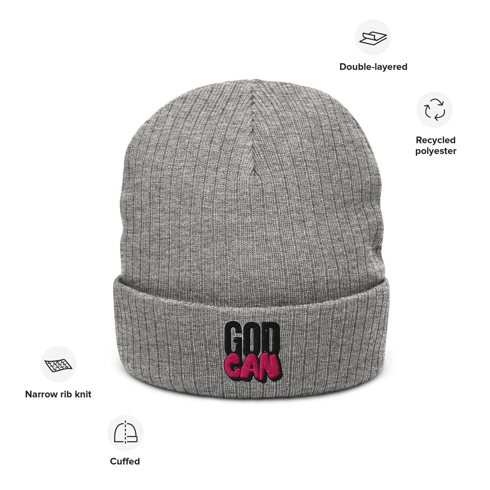 Gray beanie with GodCan logo with text design on a white background