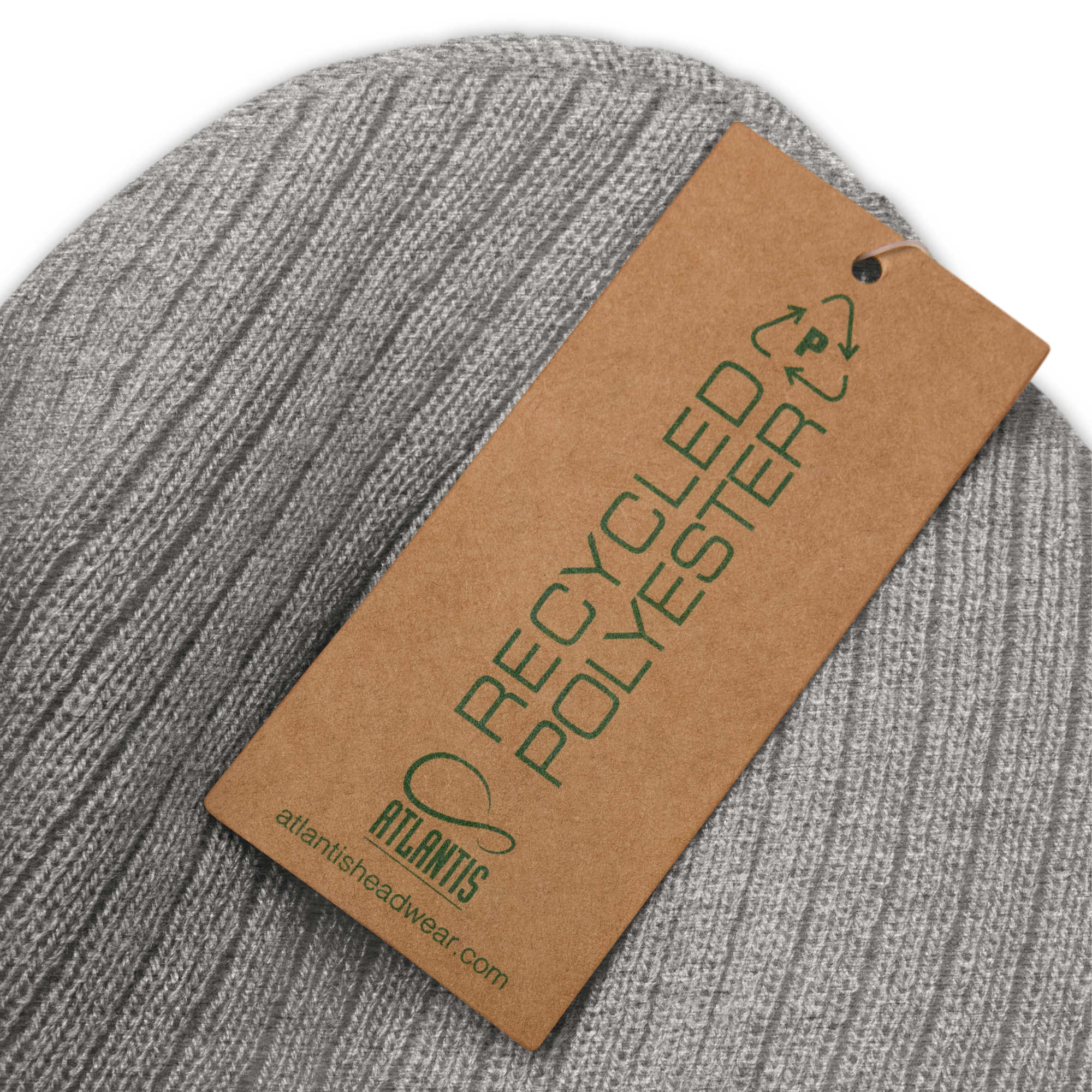 Gray knit beanie with a recycled polyester tag on a white background God Can