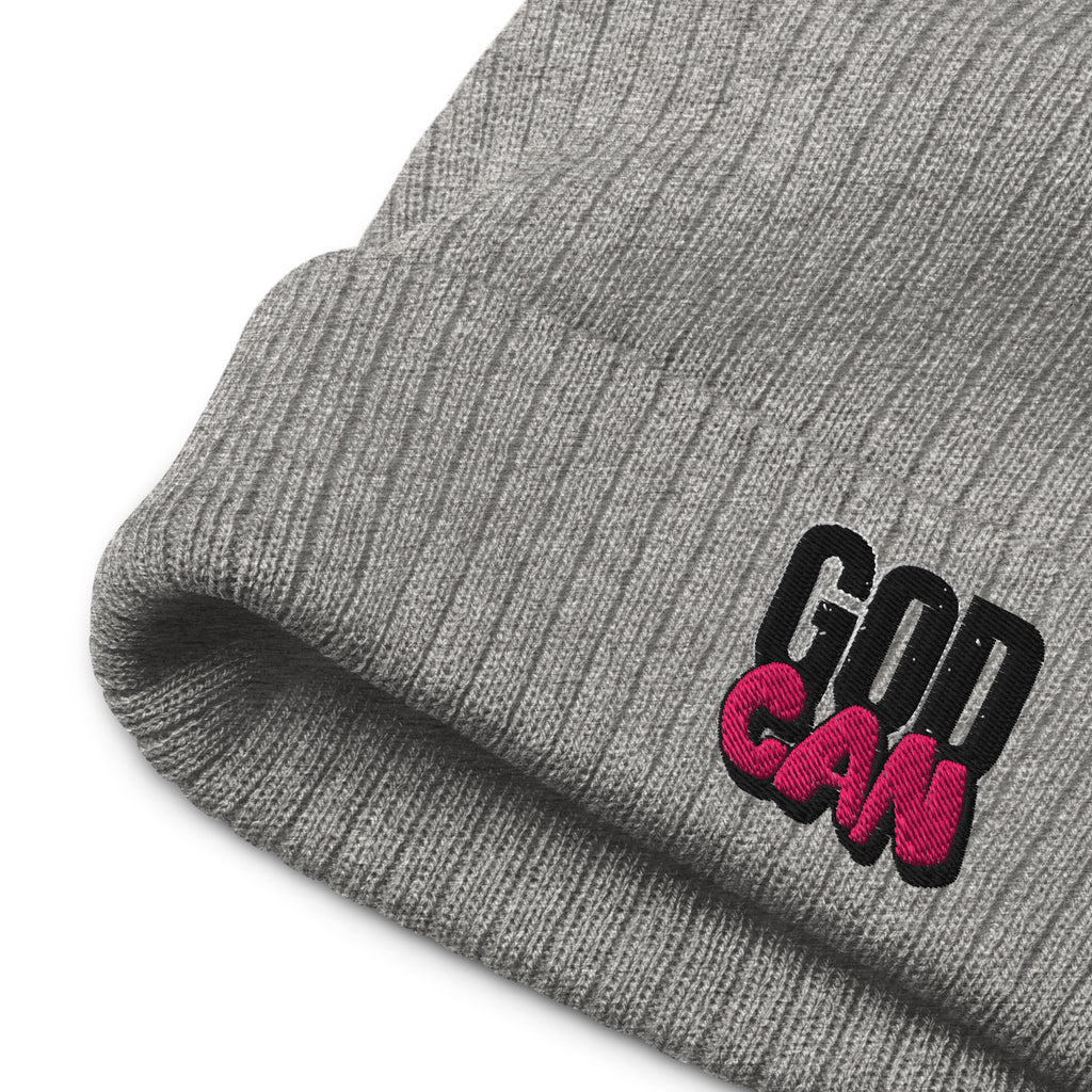 Gray beanie with 'GODCAN' text embroidery on a white background