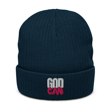 Navy blue beanie with 'God Cap' embroidery on a white background