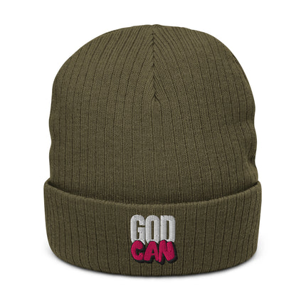 Olive beanie with 'GOD CAR' text on a white background