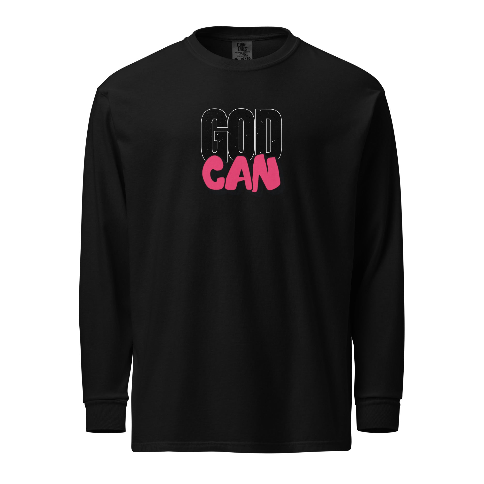 unisex-garment-dyed-heavyweight-long-sleeve-shirt-black-'God Can' image on front.