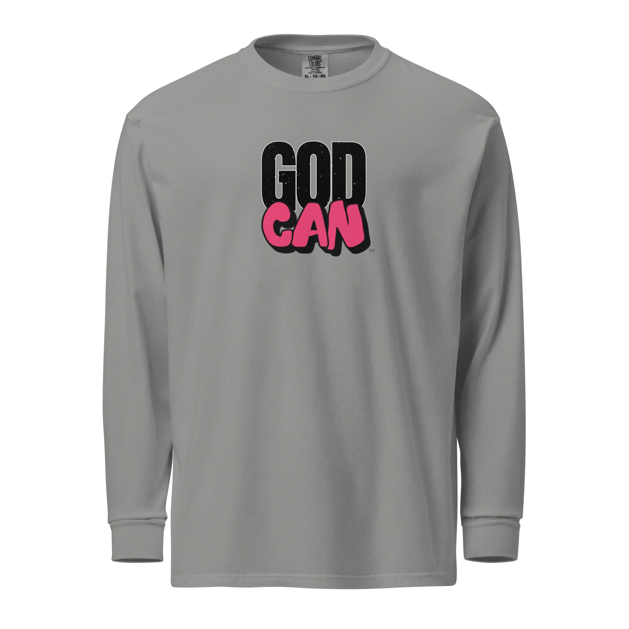 unisex-garment-dyed-heavyweight-long-sleeve-shirt-grey-'God Can' image on front.
