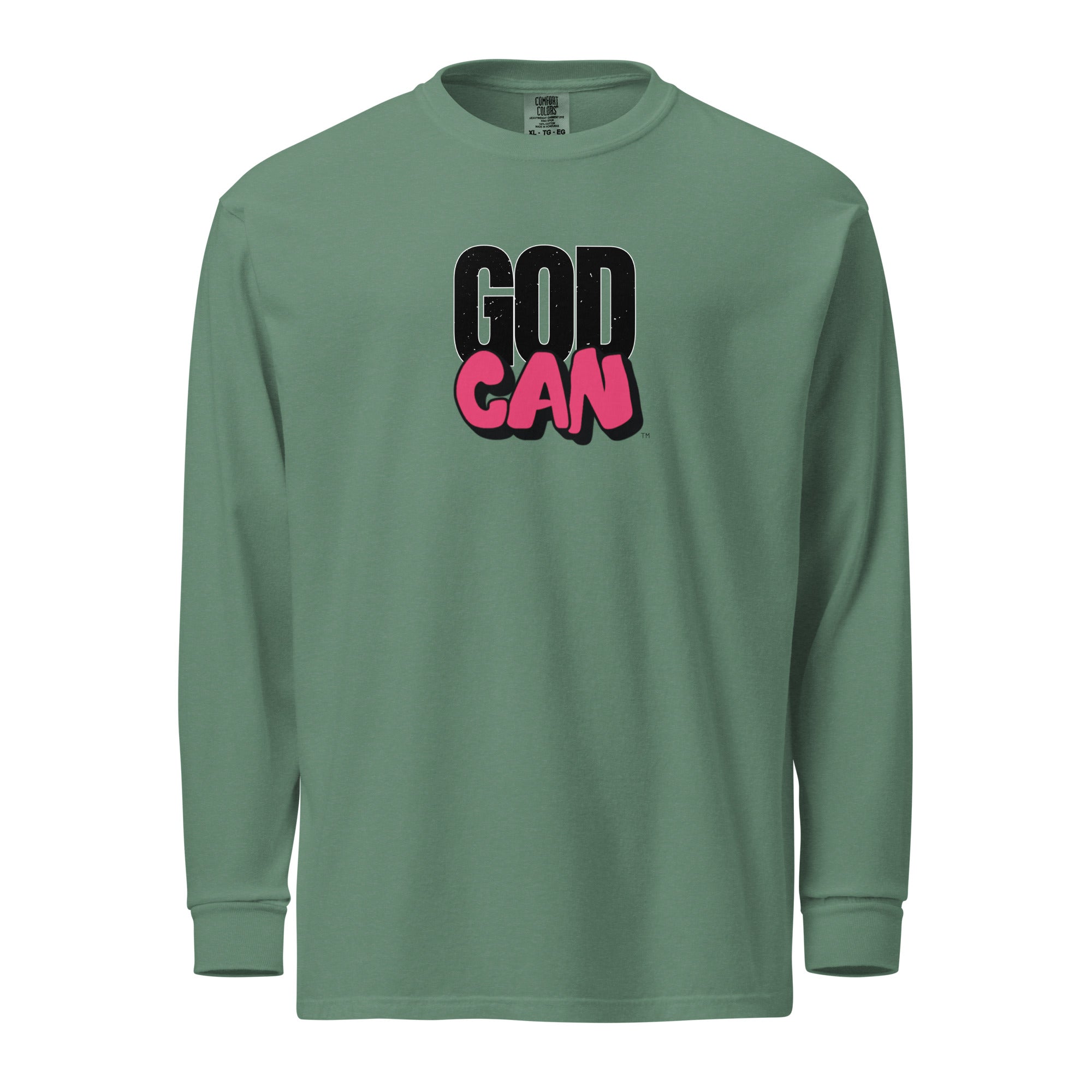 unisex-garment-dyed-heavyweight-long-sleeve-shirt-light-green-'God Can' image on front.
