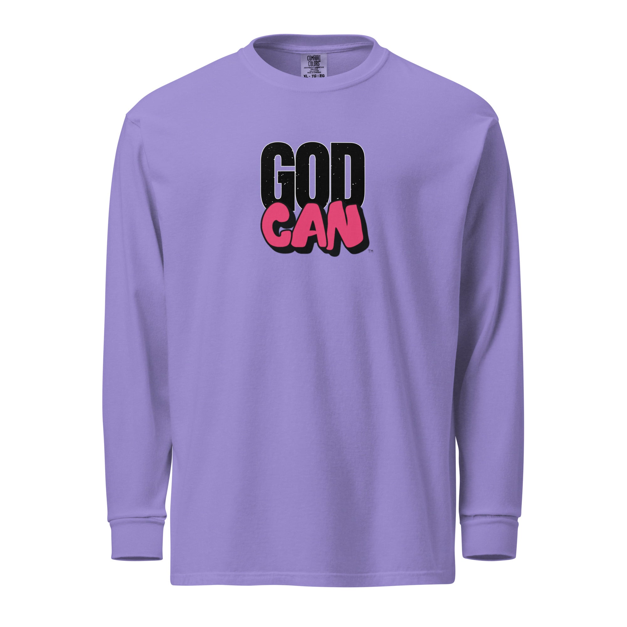 unisex-garment-dyed-heavyweight-long-sleeve-shirt-violet-'God Can' image on front. 