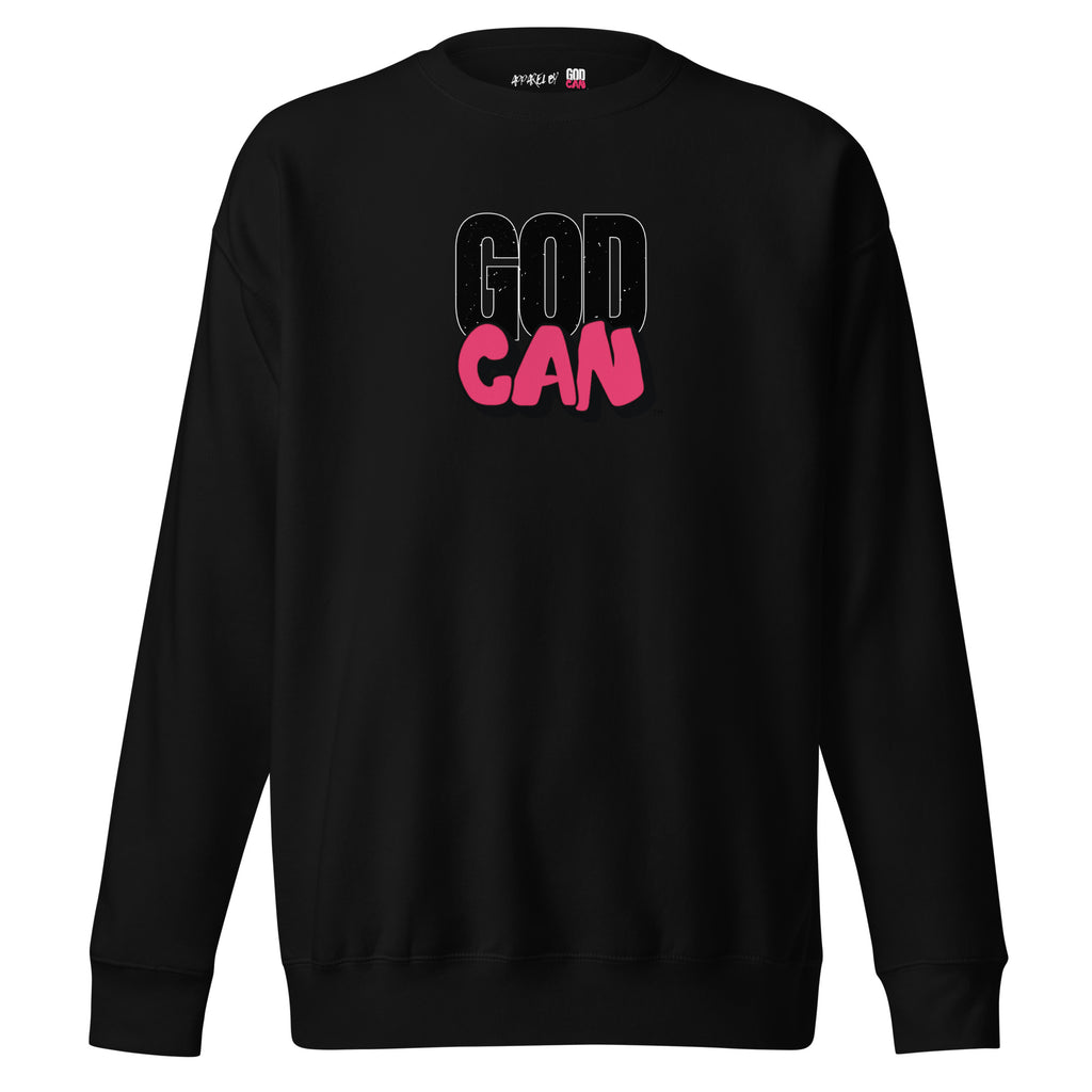 Black sweatshirt with 'GOD CAN' text in black and pink on a white background