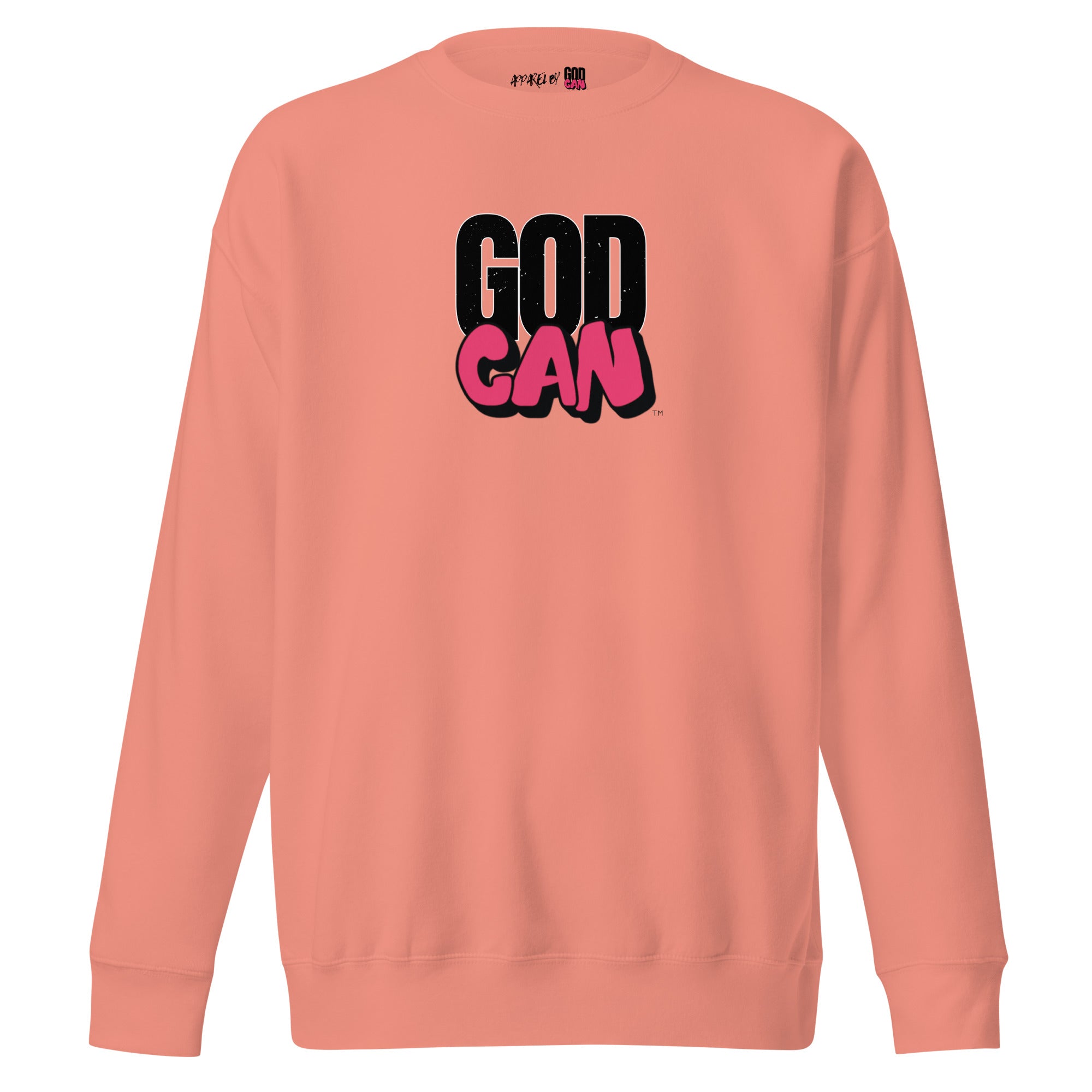 Peach sweatshirt with 'GOD CAN' text in black and pink on a white background