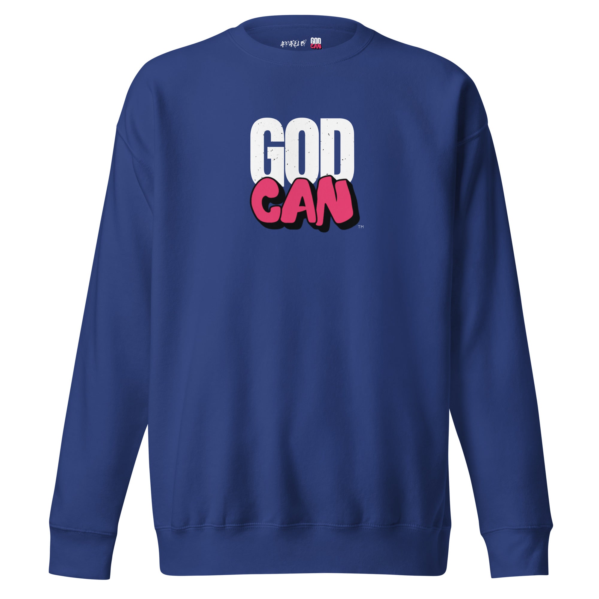 Blue sweatshirt with 'GOD CAN' text on a white background