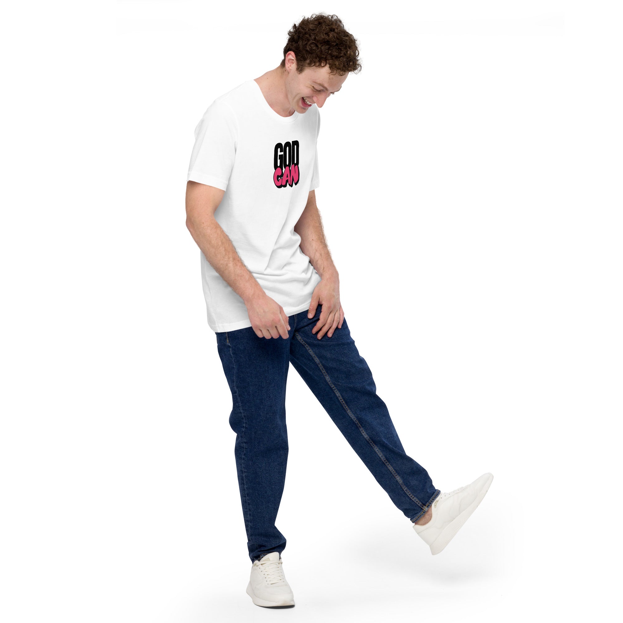 Person wearing a white t-shirt with text, blue jeans, and white sneakers on a white background